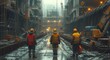 Braving the elements, a team of blue-collar workers clad in safety gear and helmets trek through the wintry city streets, determined to build and construct despite the cold and wet conditions