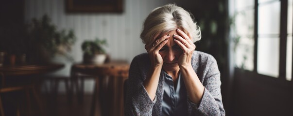 An elderly woman, experiencing depression, sits at home with her head resting in her hands.