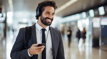 Joyful Bearded Man Absorbed In Using His Smartphone While Waiting At The Train Station