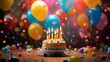 Colorful balloons backdrop for birthday party with cake and candles.