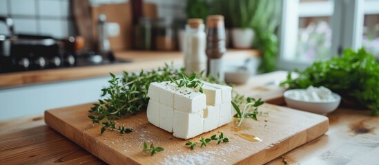 Tasty white feta cheese and herbs rosemary on cutting board in table at kitchen. AI generated image