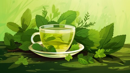 Illustration of fresh organic herb leaves tea, featuring a green herbal healthy background.