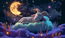 Tranquil 3D Render Of Sleeping Lamb, Starry Night Dreamscape, Gentle Sheep Illustration, Calming Bedtime Visual, Soft And Dreamy Nursery Image