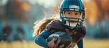Fototapeta Fototapety sport - Portrait of young girl American football player running with ball in a match. AI generated