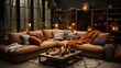 A cozy living room with a modular sofa bed and warm, earthy tones.