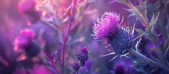 Poster - A detailed macro photograph showcasing a vibrant purple thistle flower, a flowering plant with violet petals, standing tall in a field.