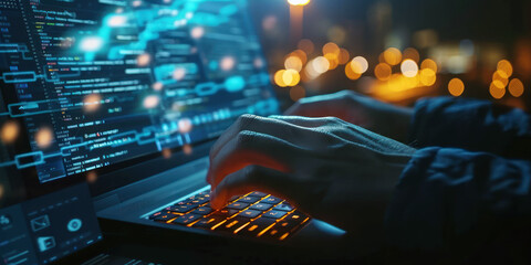 Aufkleber - A person is typing on a computer keyboard. Background is blurred with coloured lights