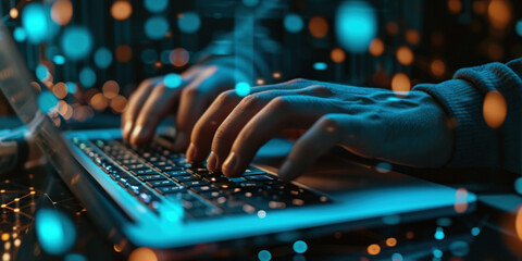 Aufkleber - A person is typing on a computer keyboard. Background is blurred with coloured lights