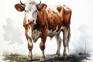 Wall Mural - Portrait of a highly detailed and realistic extremely happy and sweet watercolor farm cow on white background