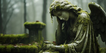 Stone Statue Of An Angel Weeping, Set In An Old Cemetery Covered In Moss