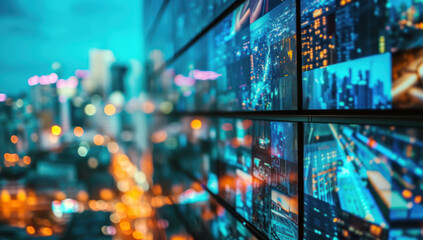 Poster - A room with a large number of monitors. Monitors in semicircular or curved configurations