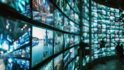 Poster - A room with a large number of monitors. Monitors in semicircular or curved configurations