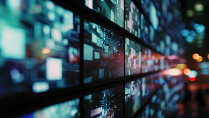 Poster - A room with a large number of monitors. Monitors in semicircular or curved configurations
