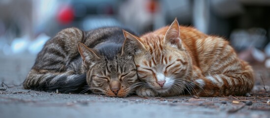 Wall Mural - Two small to medium-sized cats with whiskers are peacefully sleeping side by side on the ground.