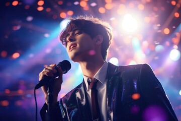 handsome Asian k-pop idol young man on stage singing into a microphone on bright concert bokeh background