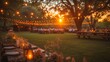 Outdoor Evening Banquet Under String Lights at Sunset