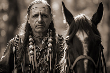 Portrait of american indian chief in national dress on a horse outdoors