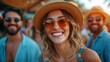 Smiling Woman in Sunglasses With Friends at a Summer Festival