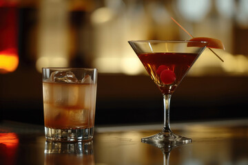 A cosmopolitan in a martini glass paired with a chilled whiskey glass, set against a bar's ambient lighting, perfect for a cocktail and spirits menu.