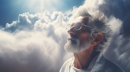 Wall Mural - adult man on the clouds. the old man died and went to heaven and smiles. gray-haired grandfather looks at the sky