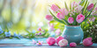 Blumenstrauß in hellblauer Vase, Frühlungs- oder Muttertagsmotiv