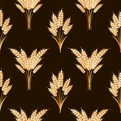 Wall Mural - Seamless pattern, bouquets of spikelets of wheat, rye, barley, golden ears on a brown background. Background, print, textile, vector