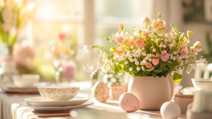 Wall Mural - Festive Easter served table setting with painted eggs, bouquet flowers in room