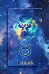 Wall Mural - zodiac picture of Taurus , astrological symbol and name over blue space background with stars like astrology concept of all zodiacal signs
