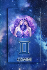 Wall Mural - zodiac picture of Gemini, astrological symbol and name over blue space background with stars like astrology concept of all zodiacal signs