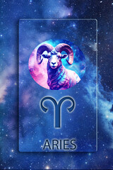 Wall Mural - zodiac picture of Aries, astrological symbol and name over blue space background with stars like astrology concept of all zodiacal signs