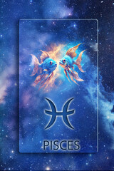 Wall Mural - zodiac picture of Pisces, astrological symbol and name over blue space background with stars like astrology concept of all zodiacal signs