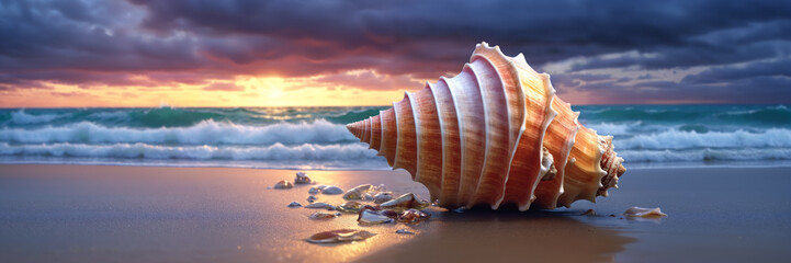 Wall Mural - Nature's beauty: a seashell on the sand, waves crashing on the shoreline, under a cloudy sky at sunset