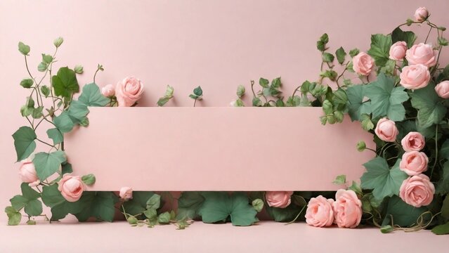 Banner with space for text green vines on the left, free space 2/3 of the background on the right, pastel pink background
