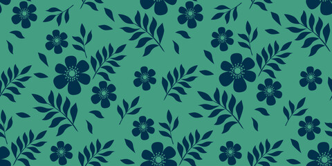 Wall Mural - Seamless vector pattern in Asian style in trendy colors with silhouettes of flowers and leaves. Can be used for textiles, prints, wallpapers, backgrounds.