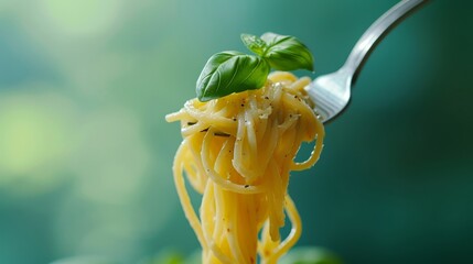 Fork twirling spaghetti with basil, turquoise setting