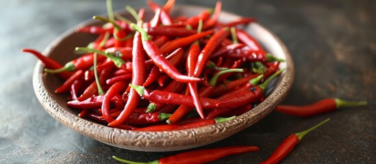 Poster - On the table, there is a bowl filled with red chili peppers, including chile de árbol, bird's eye chili, and peperoncini.