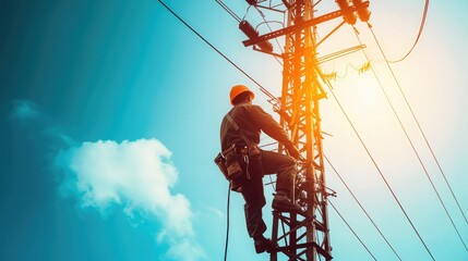 electric worker repair high voltage transmission lines on pole against blue sky