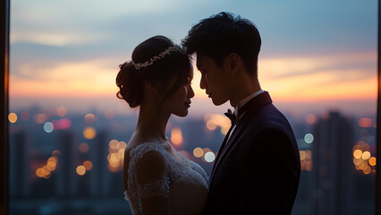 Sticker - With a focus on the tender moment about to unfold, the close-up image portrays a romantic couple against the mesmerizing backdrop of a glowing sunset, evoking a sense of warmth and passion.