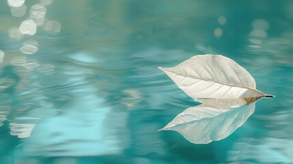Wall Mural - White transparent leaf on mirror surface with reflection on turquoise background macro. Artistic image of ship in water of lake. Dreamy image nature, free space