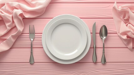 Wall Mural - A white plate, fork and spoon on pink tablecloth, AI