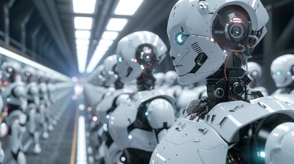 Poster - A row of robots lined up in a warehouse with lights on, AI