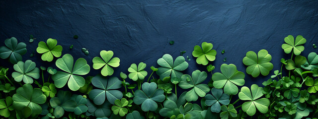 Wall Mural - Border made of clover leaves on dark blue background with copy space. Four leaved shamrocks. St Patrick Day holiday symbol. Template for design card, invitation, banner
