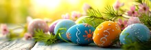 Wide Banner Background With Easter Theme Copy Space And Vibrantly Decorated Eggs - Generative Ai