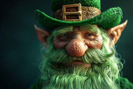 leprechaun with beard and mustache wearing green costume and hat on dark green background. saint pat