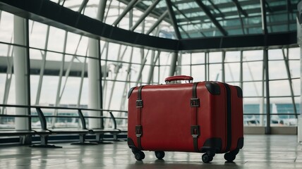 Canvas Print - Big red travel suitcase on airport terminal background from Generative AI