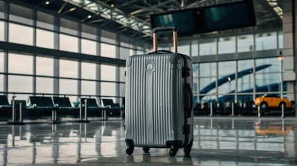 Wall Mural - Big gray travel suitcase on airport terminal background from Generative AI