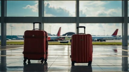 Wall Mural - Big red travel suitcase on airport terminal background from Generative AI