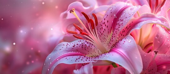 Poster - A close-up shot capturing the beauty of a terrestrial plant with pink petals adorned with water droplets, showcasing its vibrant shades of pink, magenta, and violet.