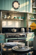 Photo realistic art deco kitchen decorated with soft pastel aqua tones