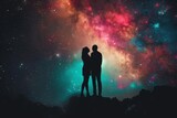 Fototapeta Na ścianę - Couple silhouette against a cosmic background Exploring themes of love Connection And the vastness of the universe
